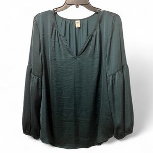 Old Navy Shirred Green/Teal “Bottle Blue” Women's Satin Top Size Large